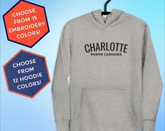Charlotte North Carolina Embroidered Hoodie | Unisex Pullover Hooded Sweatshirt | Cool Travel Souvenir for Men & Women | Plus Size Clothing