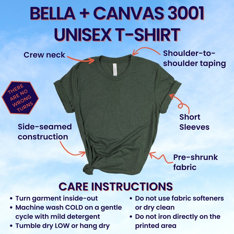 May include: A green unisex t-shirt with a crew neck, short sleeves, and side-seamed construction. The shirt is pre-shrunk and has shoulder-to-shoulder taping. The text "THERE ARE NO WRONG TURNS" is printed on a white hexagon.