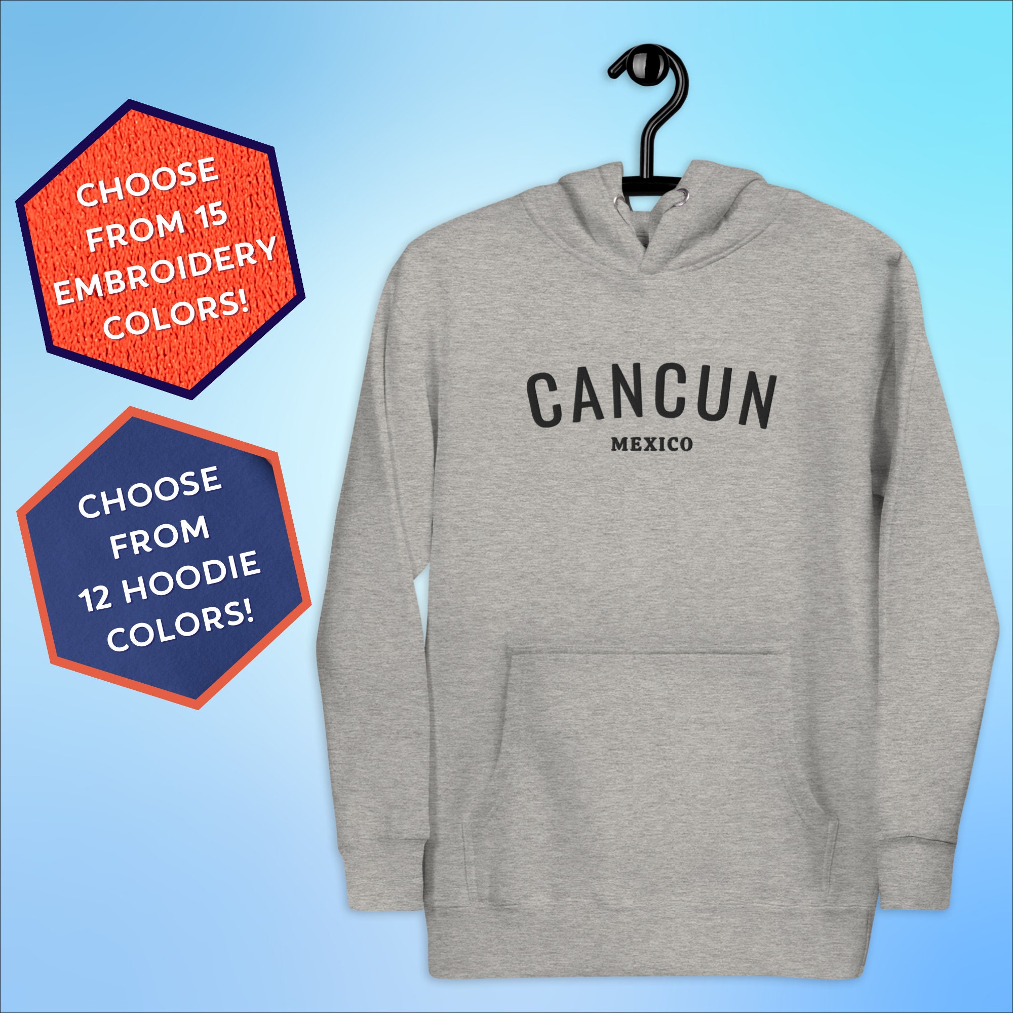 Cancun Mexico Embroidered Hoodie | Unisex Pullover Hooded