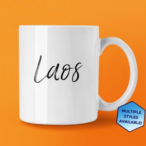 Taza de café personalizada de Laos / Recuerdo personalizado de Laos Asia / Regalos de viaje de vacaciones / Elija entre blanco, negro, dos tonos