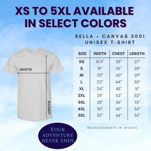 May include: A size chart for a Bella + Canvas 3001 unisex t-shirt, showing measurements in inches for sizes XS to 5XL. The chart includes width, chest, and length measurements.
