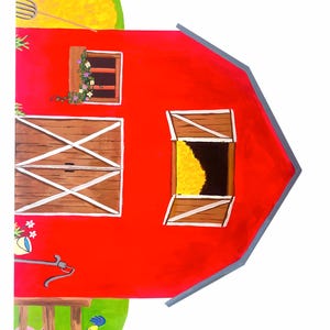 May include: A vibrant red barn illustration with brown doors and a window with flowers. A window shows hay inside. A pig, rooster, and pitchfork are also visible, suggesting a farm theme.