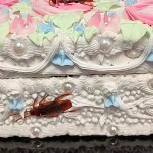 May include: A white decorative box with a floral design and two cockroaches on top. The box is decorated with white frosting, pink roses, blue flowers, and pearl-like beads.