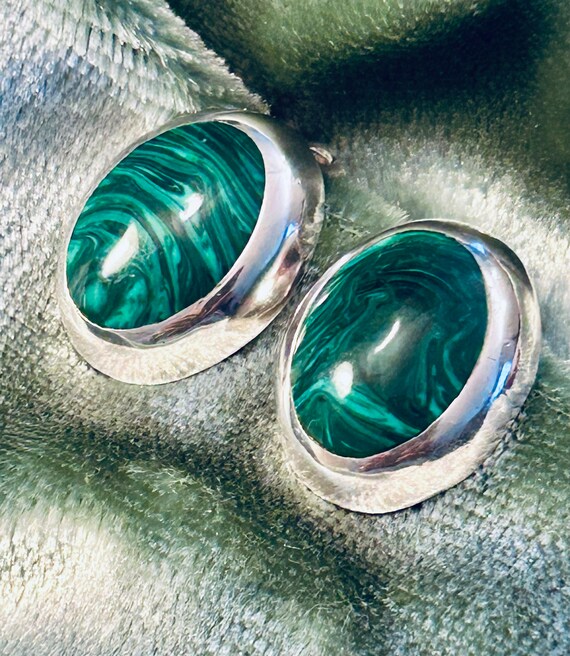 MEXICAN STERLING Malachite Earrings, 925 Silver Cl