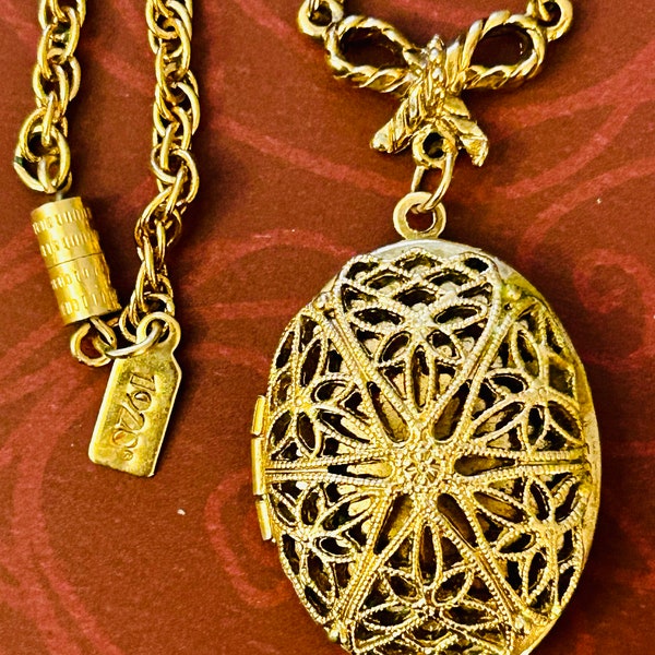 1928 Brand Locket Pendant Necklace, Designer Signed, Retro Filigree Unused Locket w/Bow, 24 inches Women's 1918 Costume Jewelry