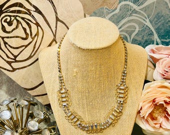 VTG RHINESTONE Necklace Clear / Blue Aurora Borealis Choker, Vintage AB Gold Tone Jeweled Retro Prong-Set Women's Costume Jewelry