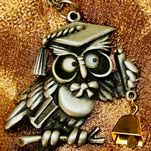 PARK LANE Pendant Necklace, Signed Owl Googly Eyes Moveable Bell Charm, Wise Old Owl Graduation Gift Vtg w/Long Chain Womens Costume Jewelry