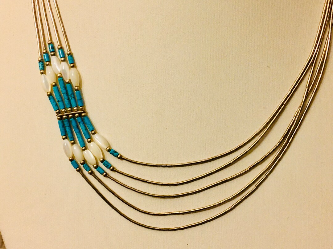 ZUNI LIQUID Silver Necklace, Turquoise & MOP Heishi, Multi 5 Strand