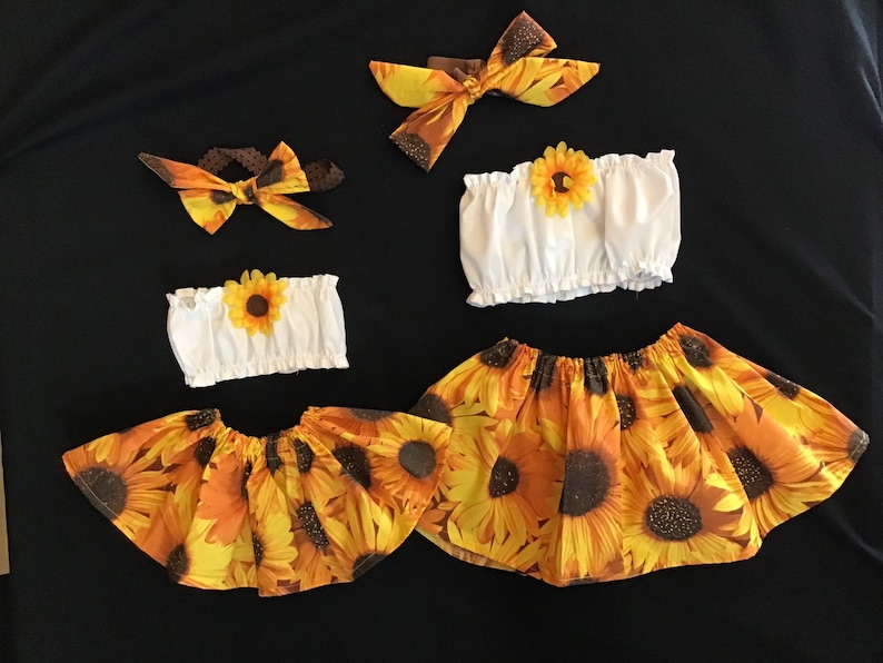 Little Miss Sunshine 3 PIECES Sunflower baby Outfit. SUNFLOWERS Strapless Baby Top Easter Outfit All Sizes Spring Skirt set
