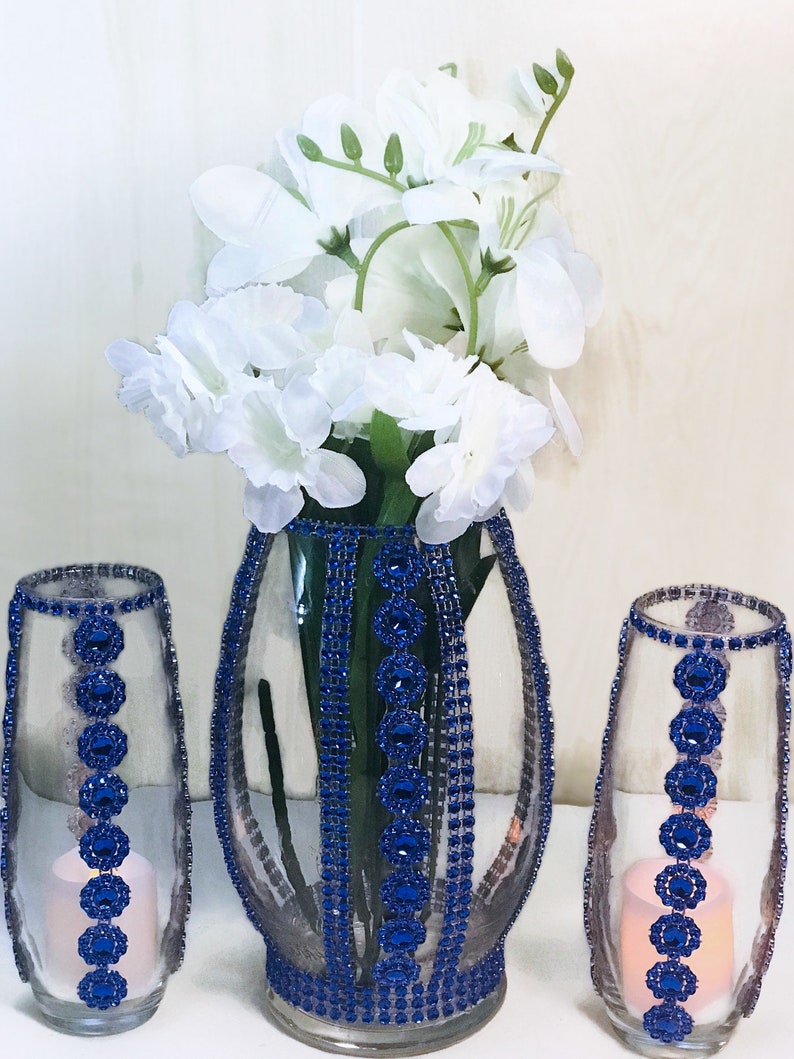 Glass Vase Centerpiece Blue Flower Arrangement Set of 3 Etsy