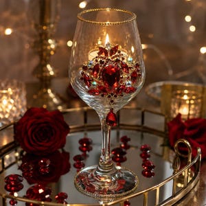May include: A clear glass goblet candle holder featuring a gold-rimmed top and a large, ornate brooch made of red and iridescent crystals attached to the front. A single lit tea light candle sits inside the glass, and a red crystal teardrop charm hangs from the brooch.