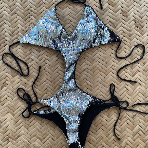 Mermaid Sparkle Sequin Swimsuit Bikini, Festival Outfit, Flip Sequins Two colors, Shiny Iridescent silver rainbow, shiny black