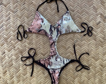 Badeanzug-Bikini mit glitzernden Pailletten im Meerjungfrau-Stil, Festival-Outfit, Flip-Pailletten in zwei Farben