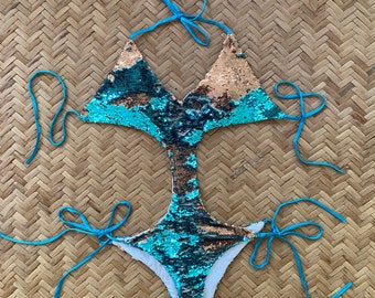 Badeanzug-Bikini mit glitzernden Pailletten im Meerjungfrau-Stil, Festival-Outfit, Flip-Pailletten in zwei Farben