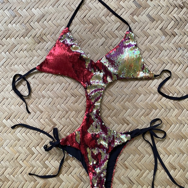 Mermaid Sparkle Sequin Swimsuit Bikini, Festival Outfit, Sparkle Flip Sequins Two colors,Matte red, shiny iridescent rainbow