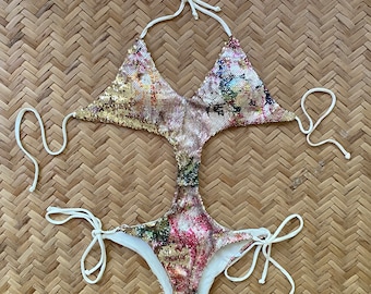 Mermaid Sparkle Sequin Swimsuit Bikini, Festival Outfit, Sparkly, Flip Sequins, Painted Floral print