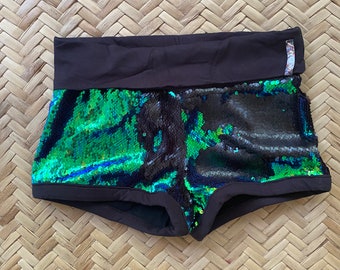 Sequin Yoga Shorts: Iridescent Green & Black Rave Outfit
