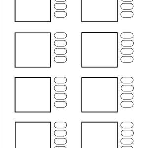 Puede incluir: Una hoja blanca con ocho rectángulos y cuatro óvalos negros a la derecha de cada rectángulo. El conjunto está dispuesto simétricamente.