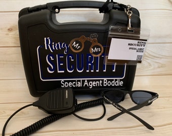 POLICE Theme SET of Ring SECURITY Briefcase, Badge and Glasses & Police radio prop