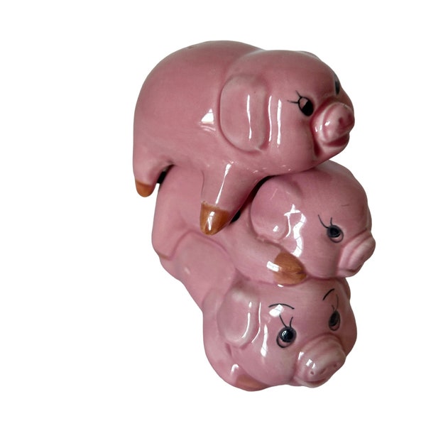 Vintage Pink Pigs Salt and Pepper Shakers Stackable Farmhouse Kitchen Decor 1994