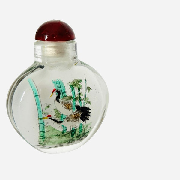 Vintage Reverse Painted Glass Chinese Snuff Bottle Birds Cranes Miniature Box 2"