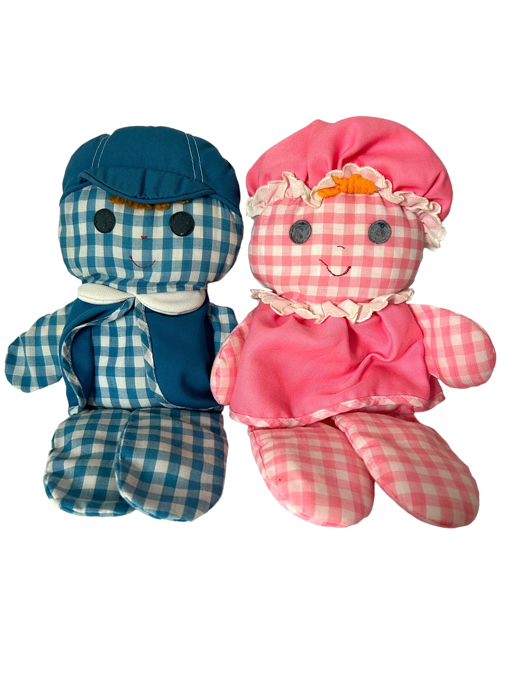 Vintage Fisher Price Lolly Dolly Cholly Pink Blue Gingham Rattle