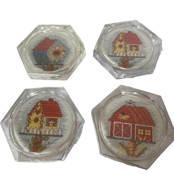 MCG Textiles Acrylic Birdhouse Cross Stitch Coaster Set of 4 NEW