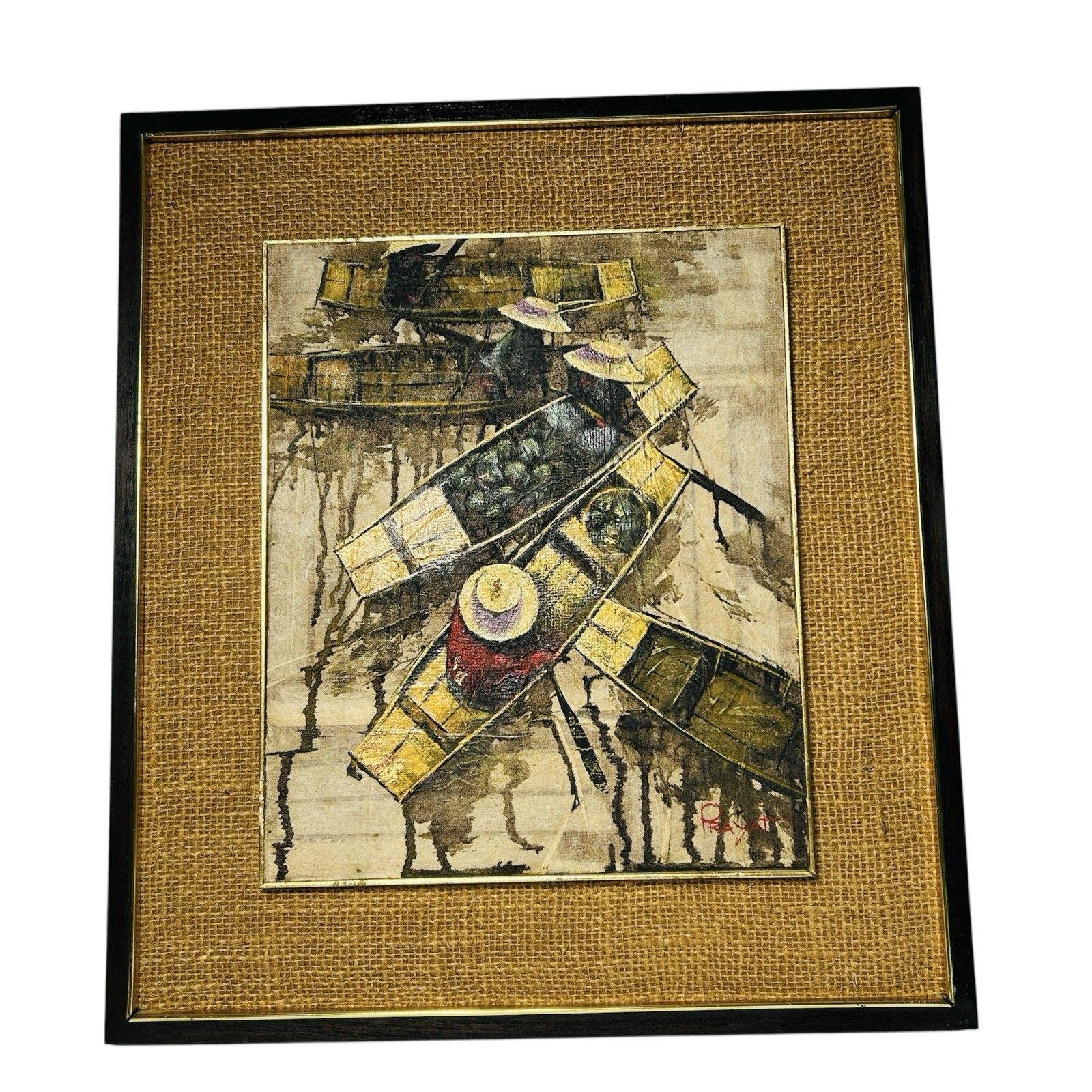 Oil Painting Floating Market Signed Prayat Framed Burlap Vintage Thailand 16X18"