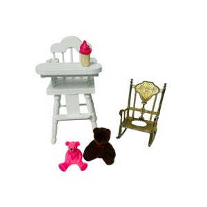 Dollhouse Miniature White Wood Baby High Chair Vintage Metal Rocking Chair  1:12