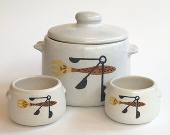 Vintage 1950s WestBend stoneware crock with two matching bowls, fork and measuring spoon design