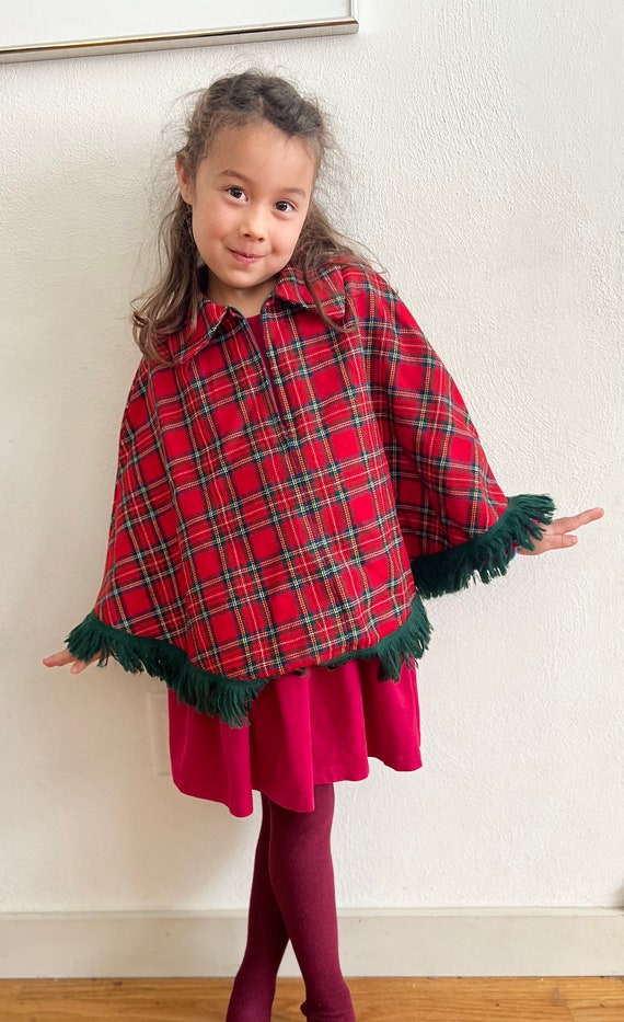 Girls  wool red plaid tartan cape,  poncho,