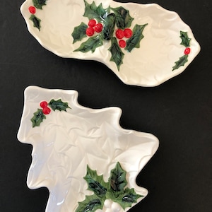 Vintage Lefton Holly Berry candy dishes, nut dishes, ceramic Christmas tree, two sided dish