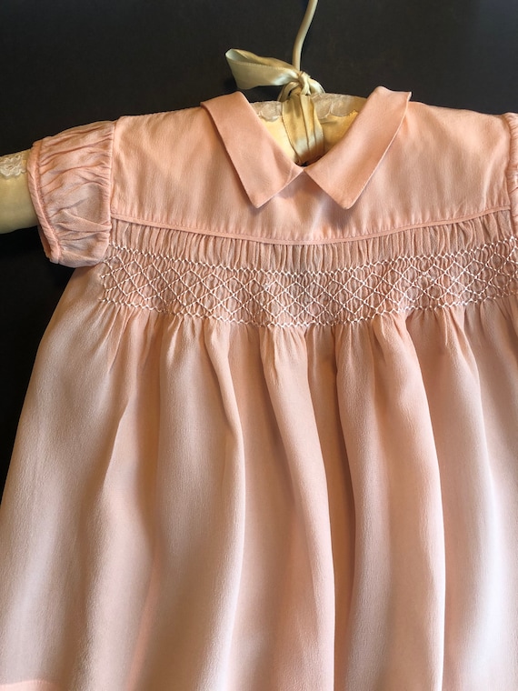 Vintage  baby girl dress, peach color, smocking, h