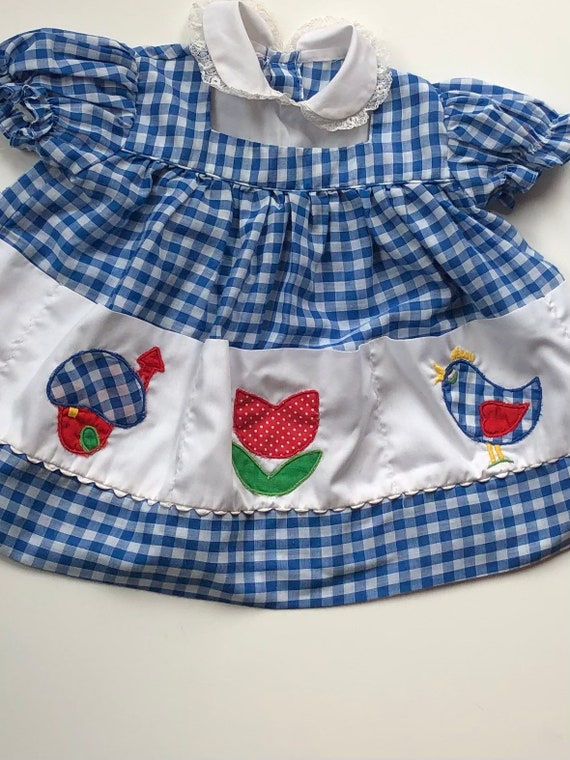 Vintage girls  dress, blue gingham dress with appl