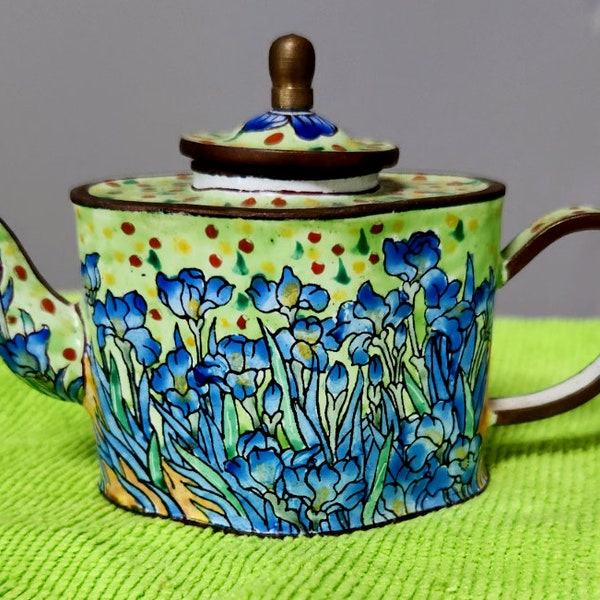 Charlotte di Vita and Trade Plus Aid Vincent Van Gogh Irises Enamel Vintage Miniature Teapot – C di V No 2287 – Blue Iris Flowers Design