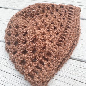 May include: A brown crocheted beanie with a lacy pattern.