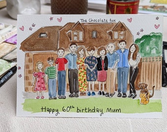 A5 Watercolour bespoke illustration. Family / home / pet portrait painted with watercolour paints onto watercolour paper - folded or flat.