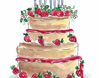 Strawberry cake 5x7" card with red envelope.