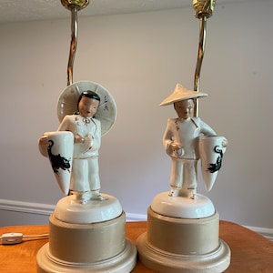 Figural table lamps-pair-Oriental-1950s