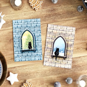 Jeu de 2 cartes | Chat noir | Cartes de vœux de Noël recto verso | plié et avec des enveloppes kraft marron | Imprimer au recto et au versement