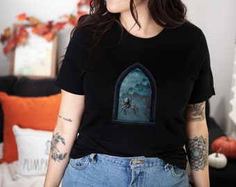 Spider T-Shirt | Zwart Tee Spider Print | Spider Web Shirt | Unisex T-shirt met korte mouwen | Halloween Thema | Magisch cadeau
