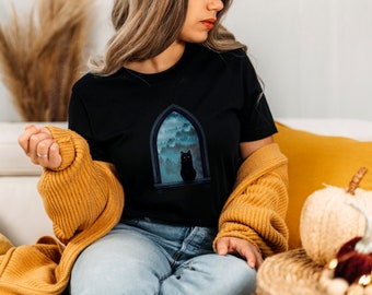 Cat Silhouette T-Shirt / Black Tee Cat Print / T-Shirt Unisex a maniche corte / Camicia di Halloween / Regalo magico