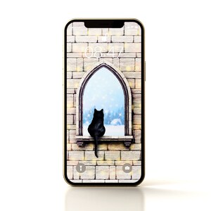 Cat Winter Christmas Phone Wallpaper for iPhone and Android | Digital Download | Window | Snow Winter Landscape