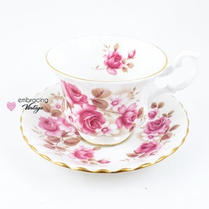 ROYAL ALBERT | Vintage Teacup & Saucer | Made in England | Bone China | Pink Roses with Brown Leaves | Montrose Shape | c. 1960s - 1970s