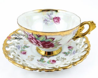 SHAFFORD | Vintage Teacup & Saucer | Hand Decorated | Pink and Red Roses with Heavy Gold Gilding | Made in Japan | c. 1940s - 1970s