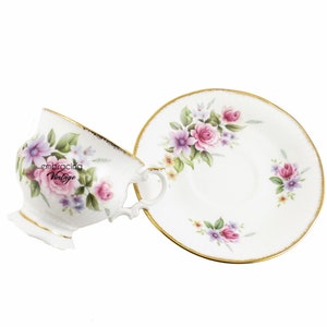 ELIZABETHAN Staffordshire Vintage Teacup & Saucer Pink, Purple and Yellow Flowers Made in England Fine Bone China Hand Decorated image 2