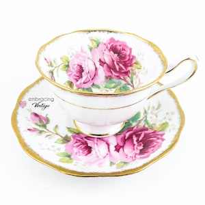 ROYAL ALBERT | American Beauty  | Vintage Teacup & Saucer | Made in England | Bone China | Pink Roses and Gold Trim | Avon Shape | c. 1927