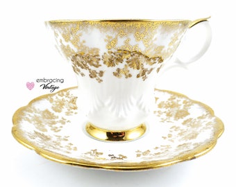 ROYAL ALBERT Teacup and Saucer | White & Gold | Bone China | ENGLAND | 1960s - 1970s