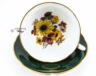 ROYAL GRAFTON | Vintage Teacup & Saucer | Hunter Green | Orange and Yellow Flowers l Made in England | Fine Bone China | c. 1950s