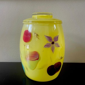 BARTLETT COLLINS | Cookie Jar | Yellow Glass with Fruits & Flowers | Made in USA | c. 1960s